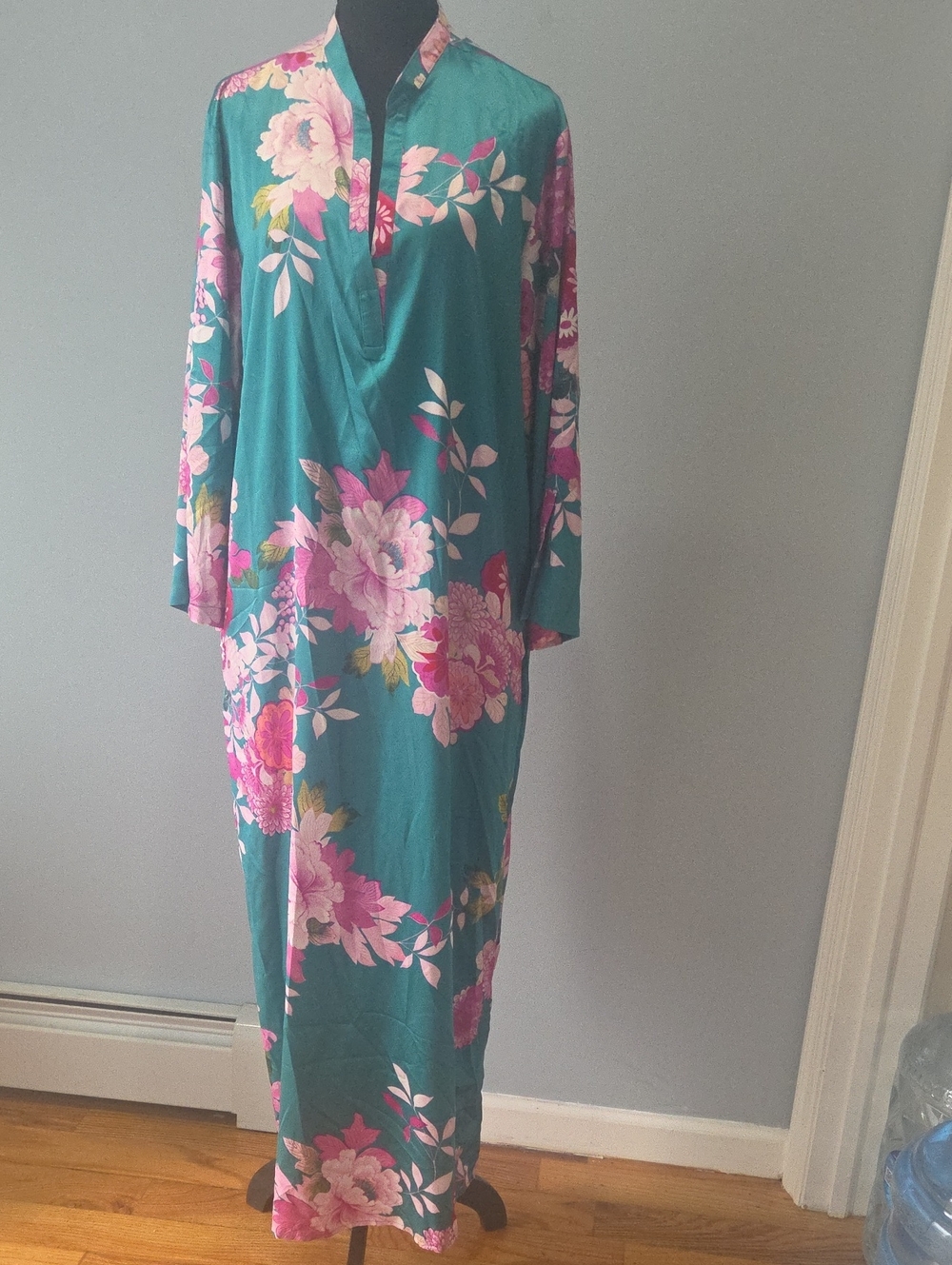 Natori Teal Maxi Dress with Pink Floral Print